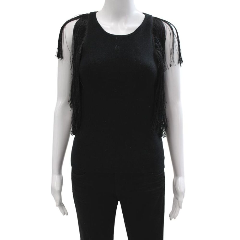 J Crew Women Black Cashmere Sleeveless Scoop Neck Basic Fringe Tank Size M